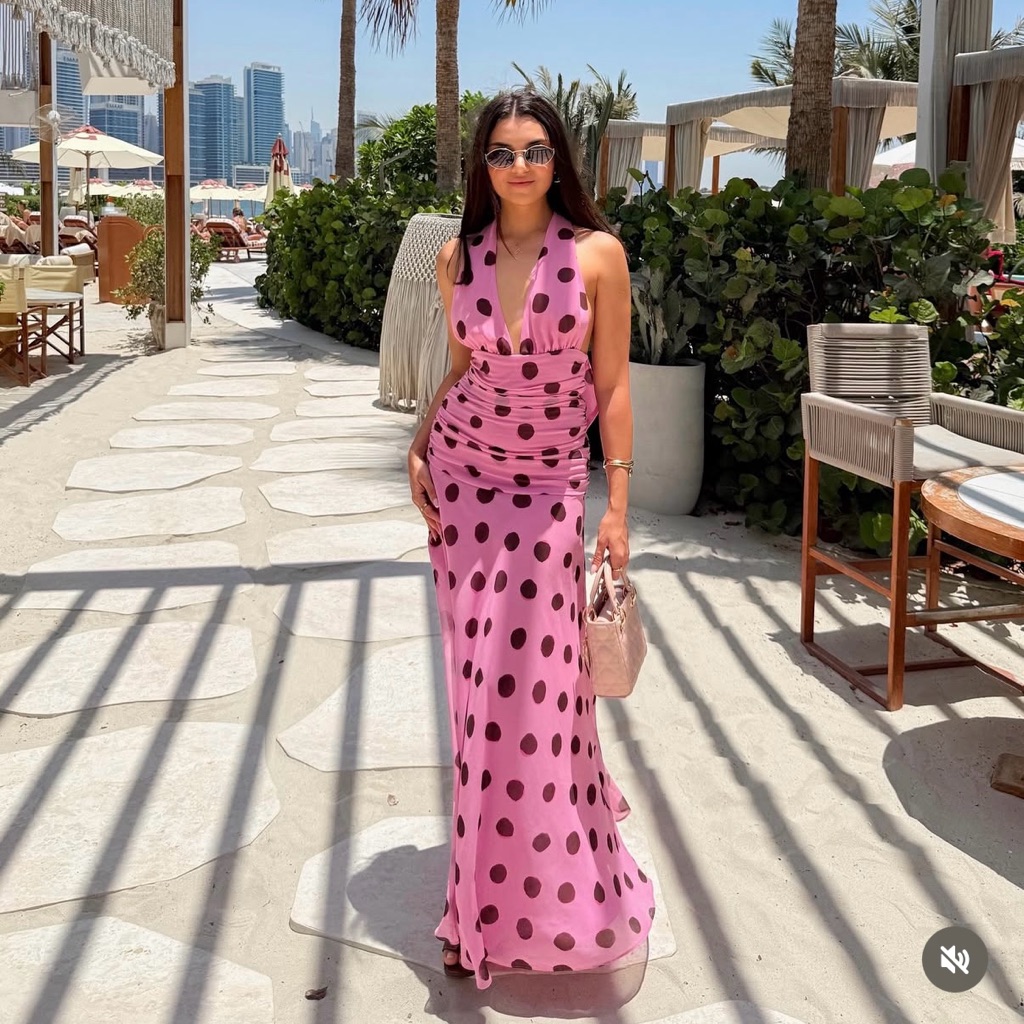 Zara Pink Polka Dot Ruffled Maxi Dress Bohemian Summer Vacation Bodycon